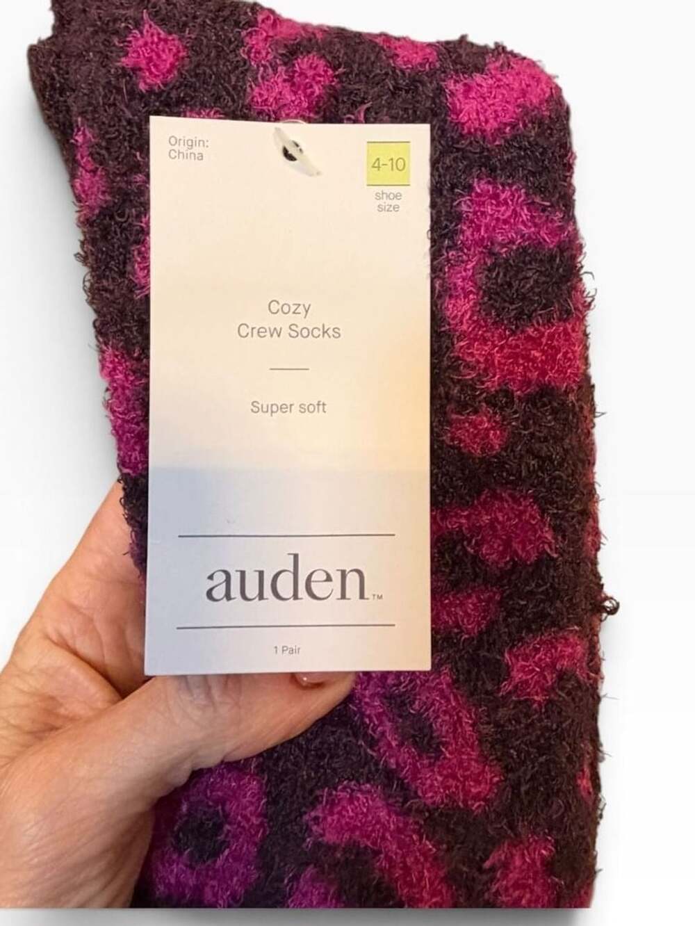 Auden Cozy Crew Socks Size 4-10 Purple Pink Leopard Super Soft